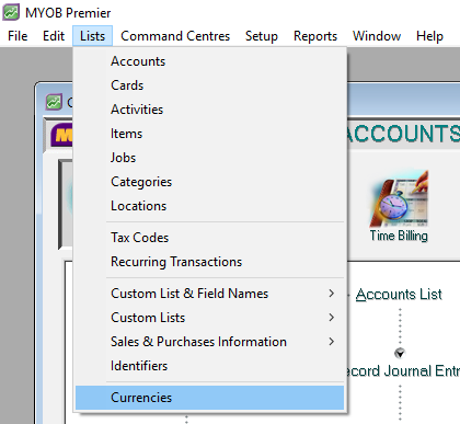 currencies list menu in myob premier