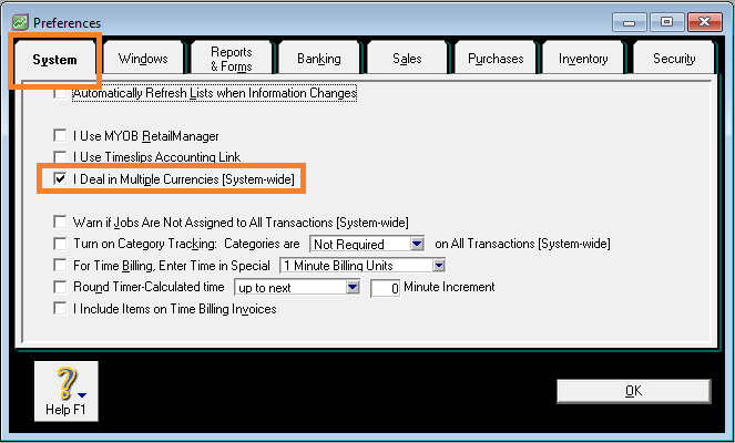 turn on multi currency feature in myob premier