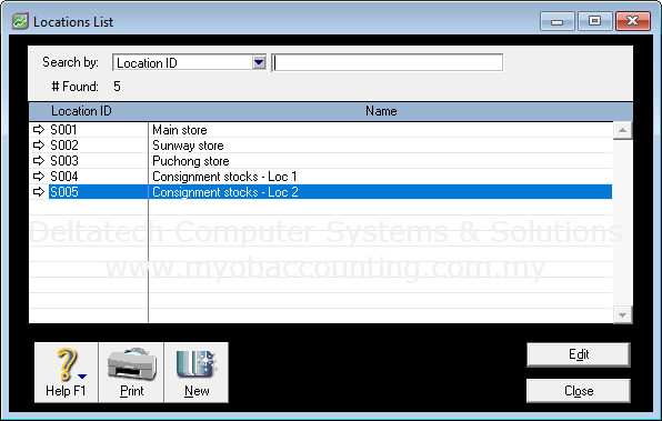 myob premier list of inventory locations