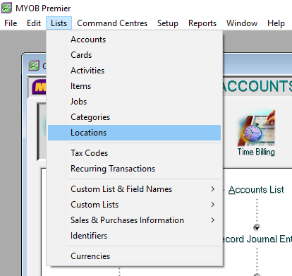 MYOB Premier Inventory Locations main menu