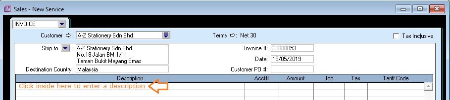 ABSS invoice description of sales transaction