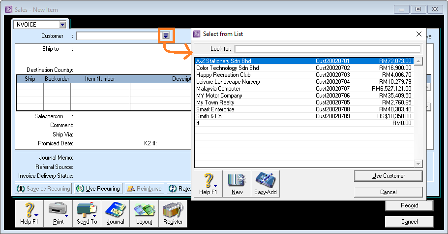 ABSS select customer to invoice