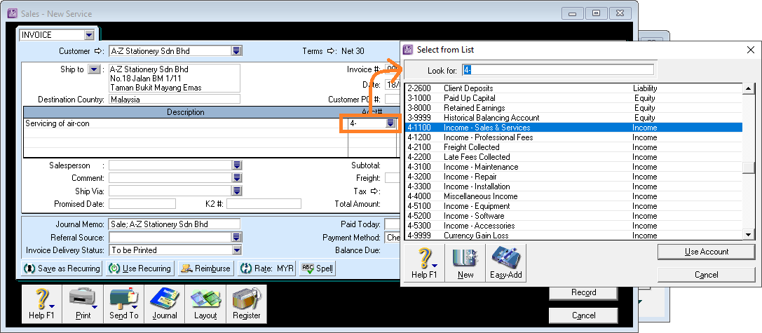 Select income account