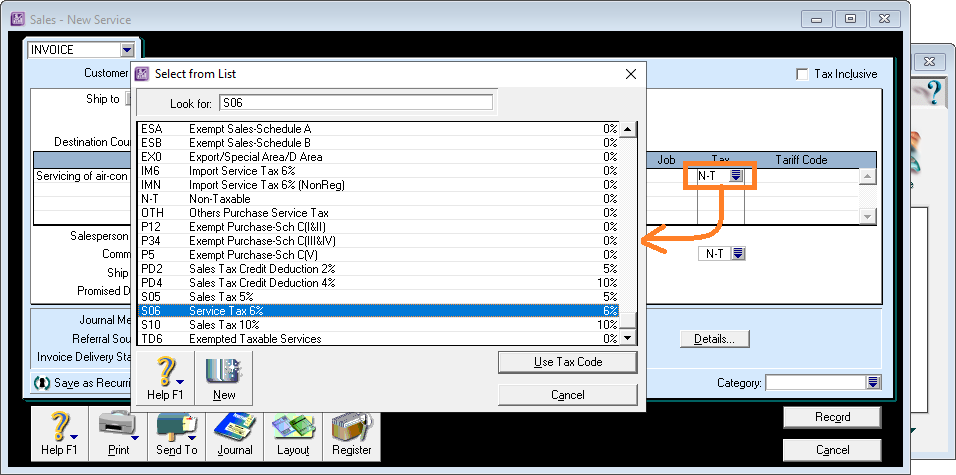 ABSS sales and service tax codes