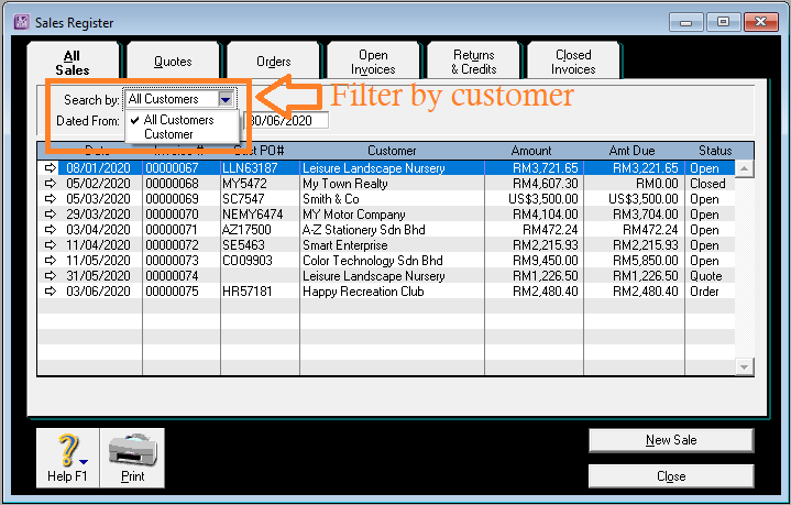 ABSS Sales Register filter by customer