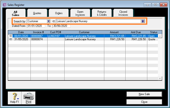 ABSS Sales Register customer filter field