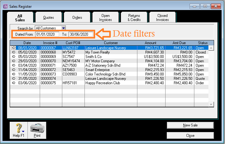 ABSS Sales Register filter by date