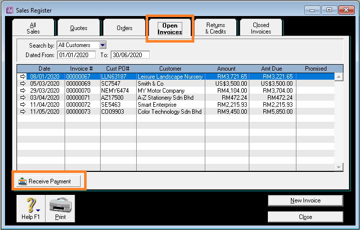 ABSS Sales Register - Open invoices