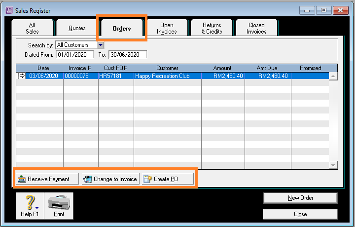 Sales Register ABSS - Sales Orders