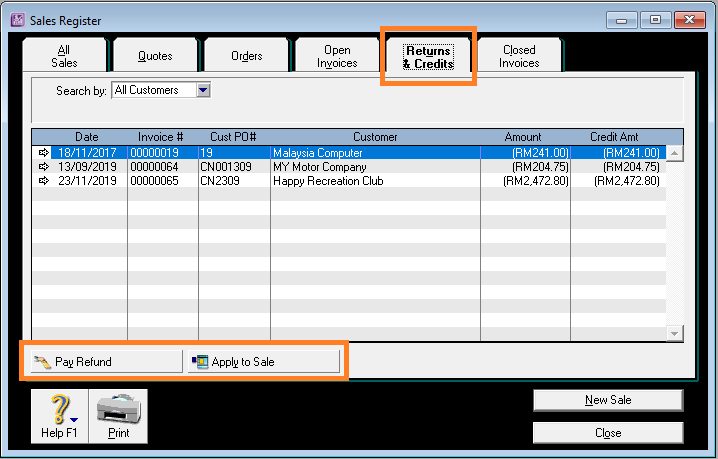 Sales Register ABSS - Returns & credits