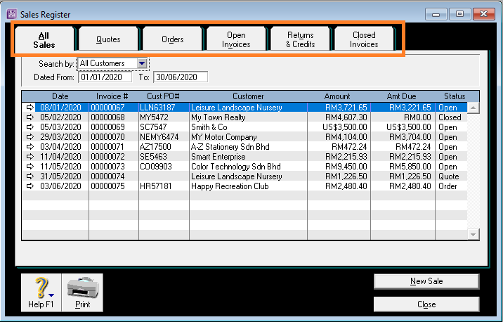 ABSS Sales Register tabs